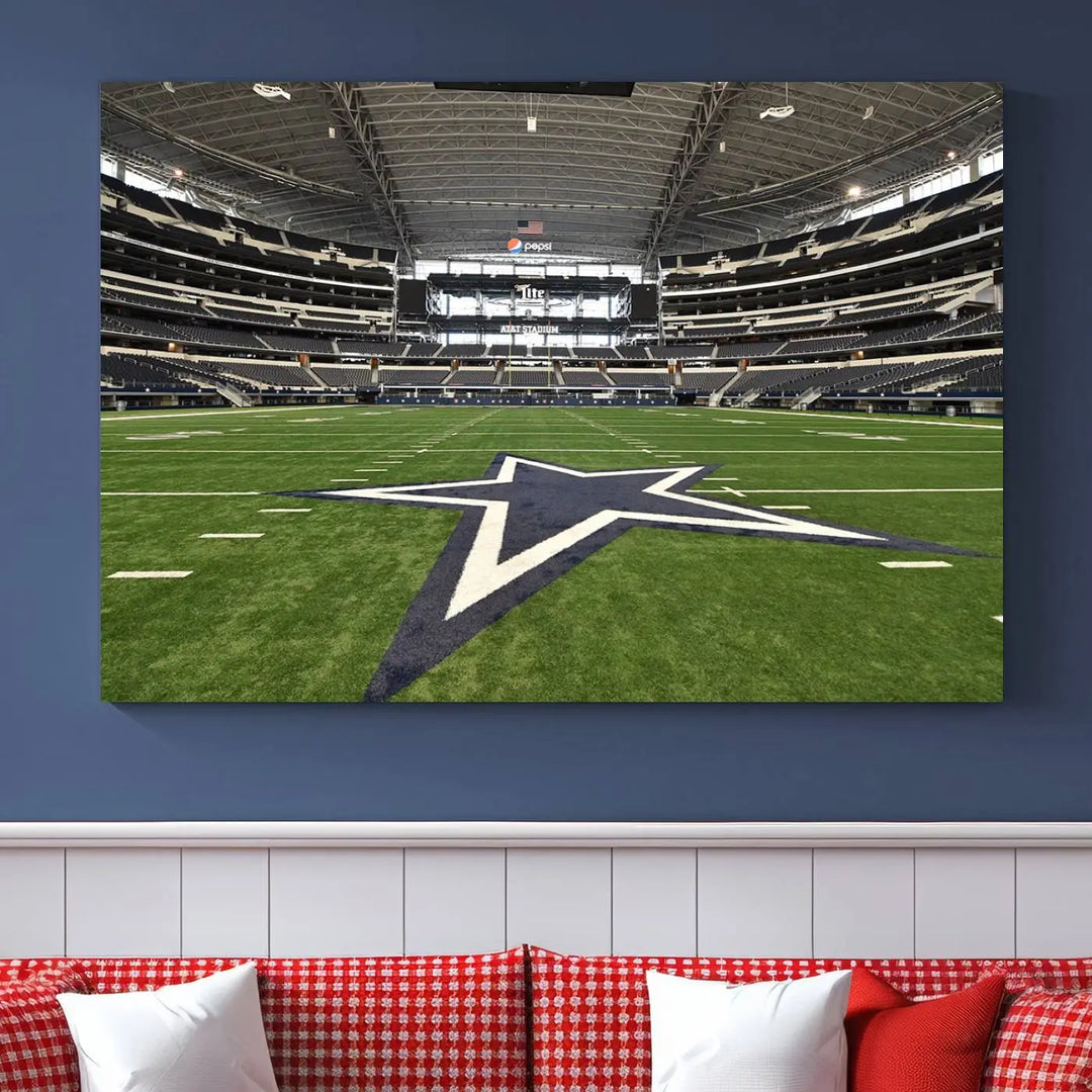 The Dallas Cowboys Football Team Print - Arlington AT&T Stadium Wall Art Canvas Print is displayed on premium canvas, adding a stylish touch to the living room.