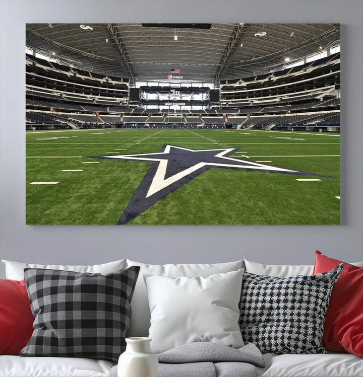 The Dallas Cowboys Football Team Print - Arlington AT&T Stadium Wall Art Canvas Print is displayed on premium canvas, adding a stylish touch to the living room.