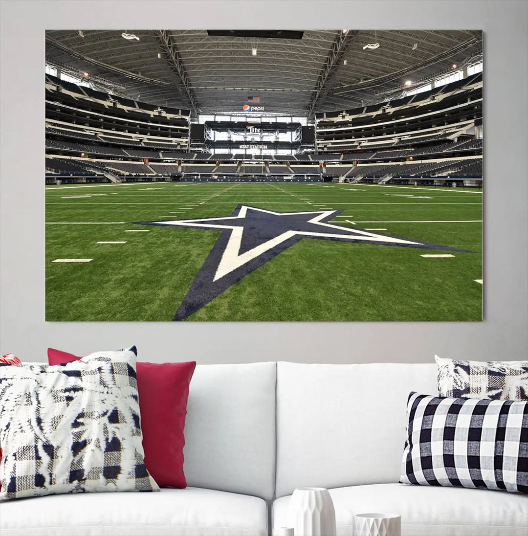 The Dallas Cowboys Football Team Print - Arlington AT&T Stadium Wall Art Canvas Print is displayed on premium canvas, adding a stylish touch to the living room.