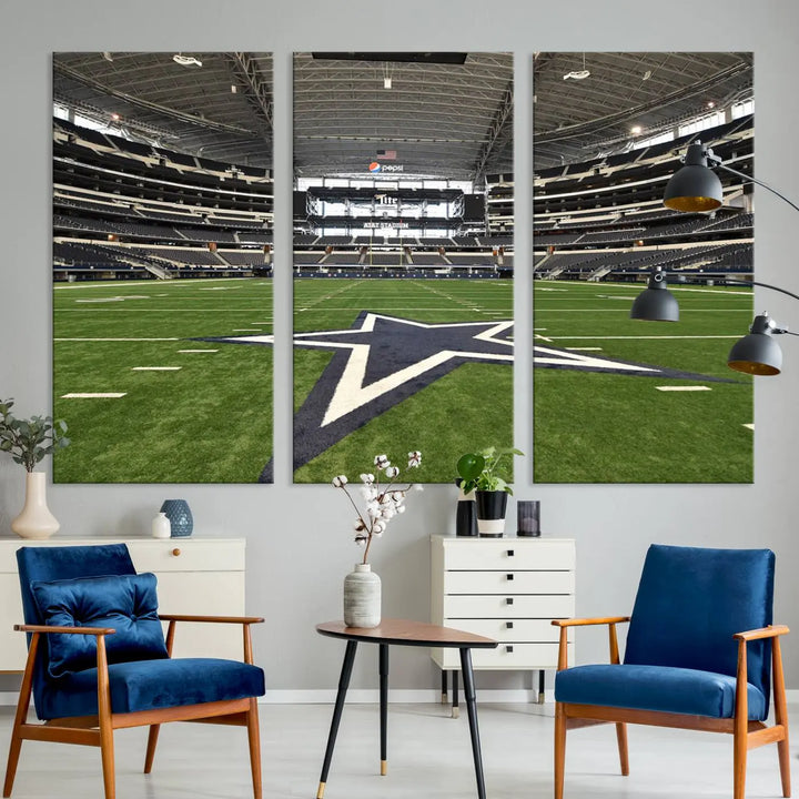 The Dallas Cowboys Football Team Print - Arlington AT&T Stadium Wall Art Canvas Print is displayed on premium canvas, adding a stylish touch to the living room.