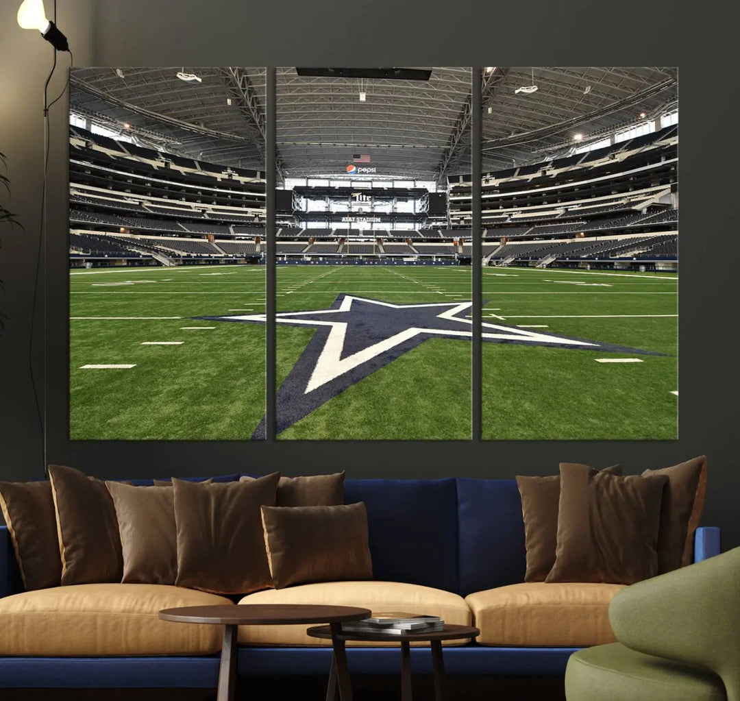 The Dallas Cowboys Football Team Print - Arlington AT&T Stadium Wall Art Canvas Print is displayed on premium canvas, adding a stylish touch to the living room.