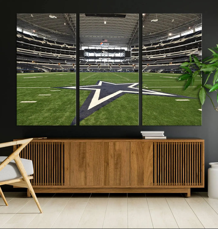 The Dallas Cowboys Football Team Print - Arlington AT&T Stadium Wall Art Canvas Print is displayed on premium canvas, adding a stylish touch to the living room.