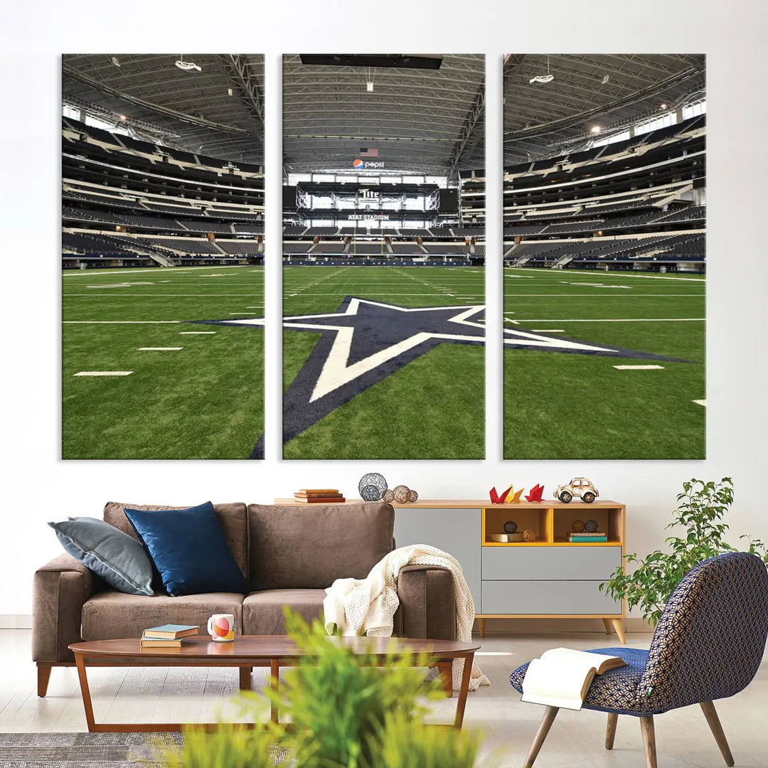 The Dallas Cowboys Football Team Print - Arlington AT&T Stadium Wall Art Canvas Print is displayed on premium canvas, adding a stylish touch to the living room.