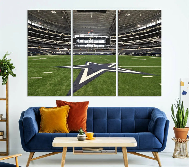 The Dallas Cowboys Football Team Print - Arlington AT&T Stadium Wall Art Canvas Print is displayed on premium canvas, adding a stylish touch to the living room.