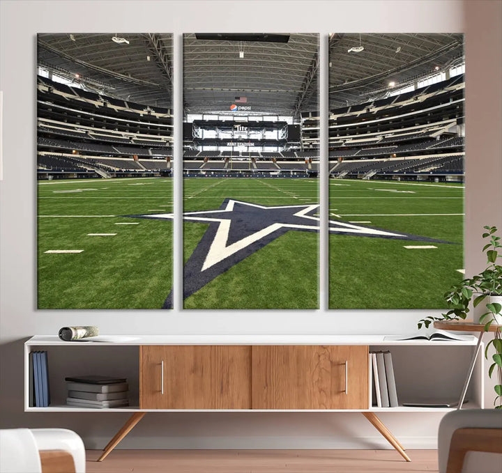 The Dallas Cowboys Football Team Print - Arlington AT&T Stadium Wall Art Canvas Print is displayed on premium canvas, adding a stylish touch to the living room.