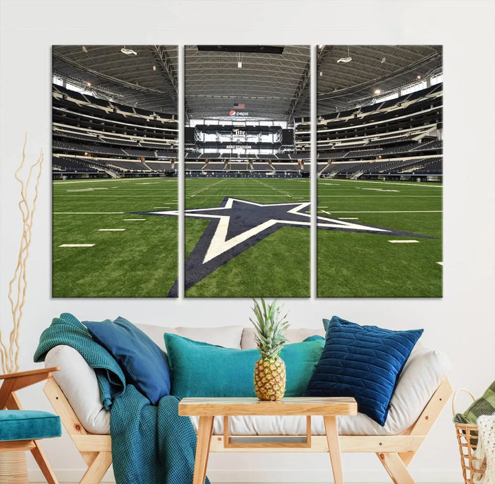 The Dallas Cowboys Football Team Print - Arlington AT&T Stadium Wall Art Canvas Print is displayed on premium canvas, adding a stylish touch to the living room.