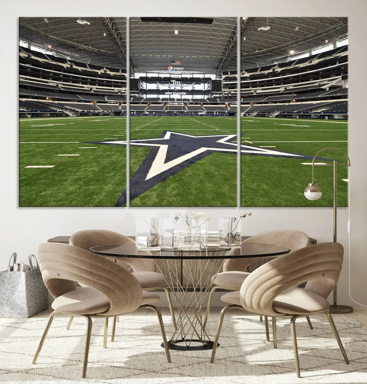 The Dallas Cowboys Football Team Print - Arlington AT&T Stadium Wall Art Canvas Print is displayed on premium canvas, adding a stylish touch to the living room.