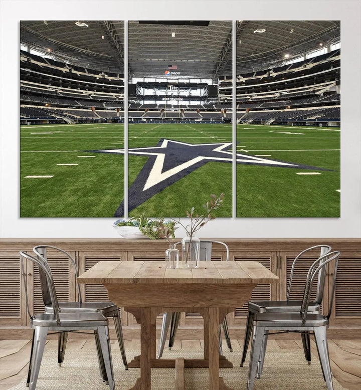 The Dallas Cowboys Football Team Print - Arlington AT&T Stadium Wall Art Canvas Print is displayed on premium canvas, adding a stylish touch to the living room.