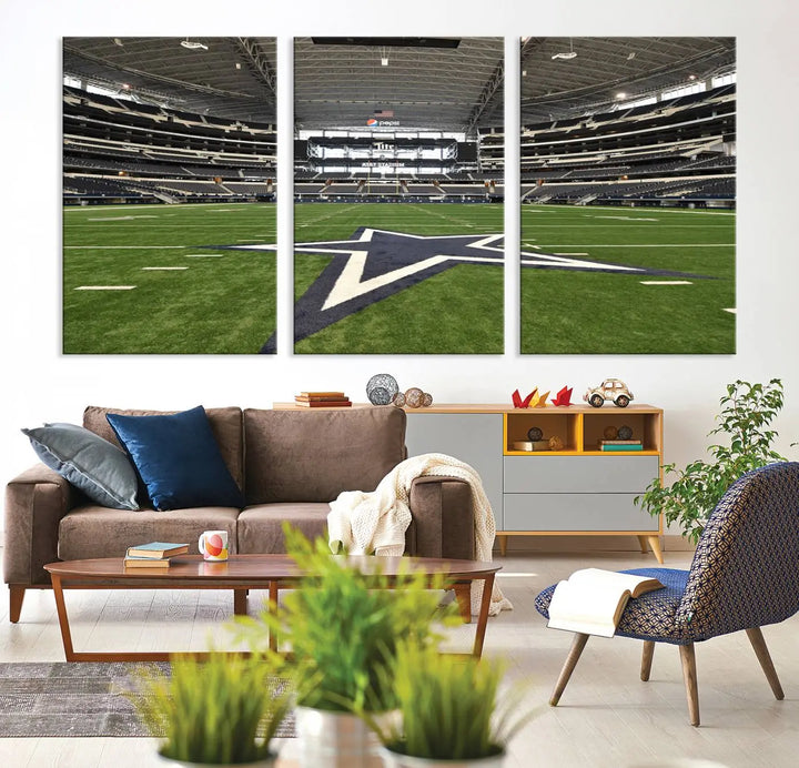 The Dallas Cowboys Football Team Print - Arlington AT&T Stadium Wall Art Canvas Print is displayed on premium canvas, adding a stylish touch to the living room.