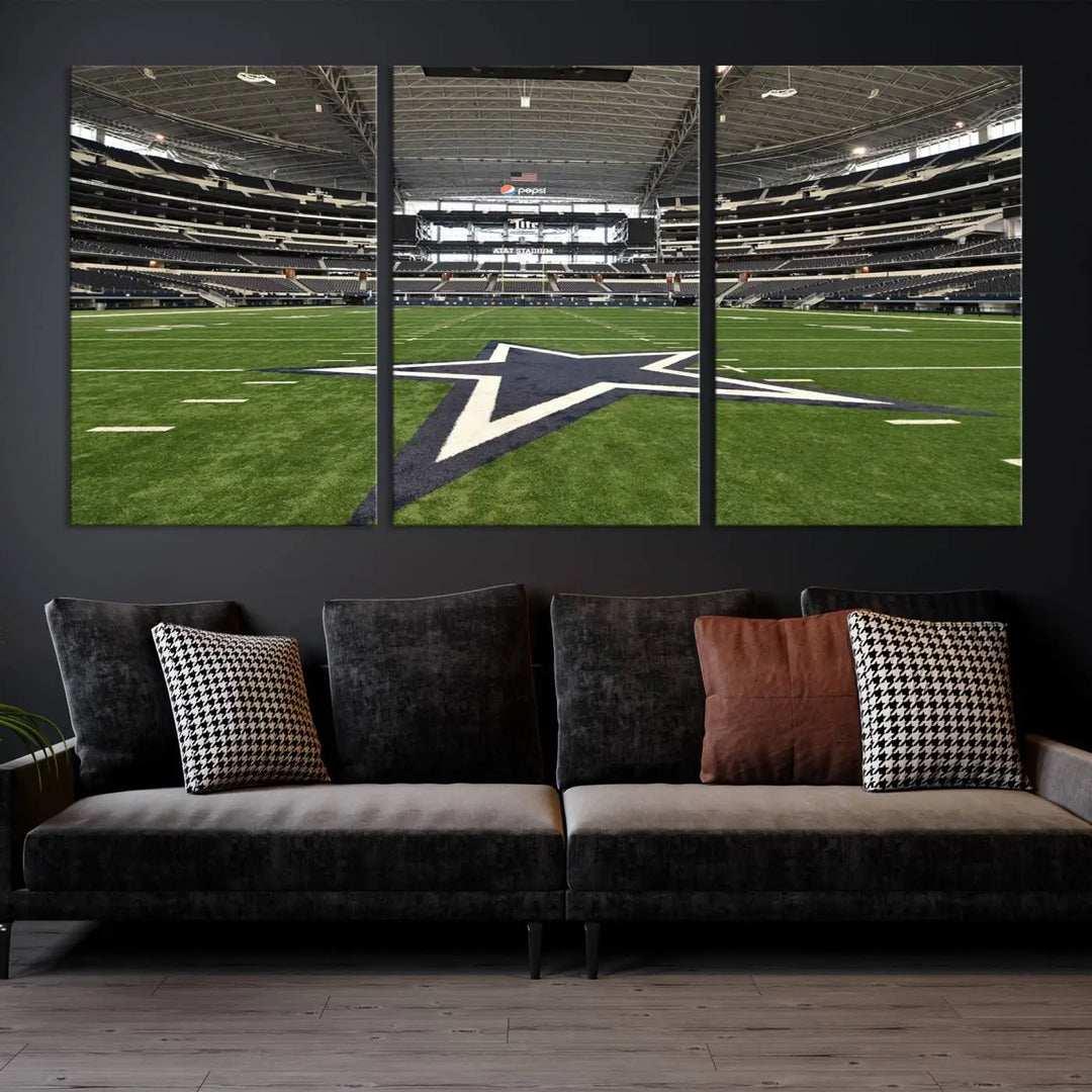 The Dallas Cowboys Football Team Print - Arlington AT&T Stadium Wall Art Canvas Print is displayed on premium canvas, adding a stylish touch to the living room.