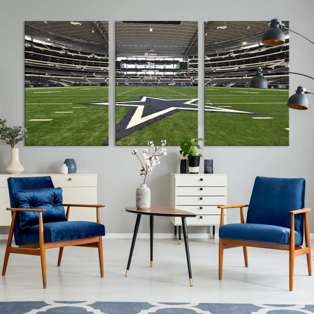 The Dallas Cowboys Football Team Print - Arlington AT&T Stadium Wall Art Canvas Print is displayed on premium canvas, adding a stylish touch to the living room.