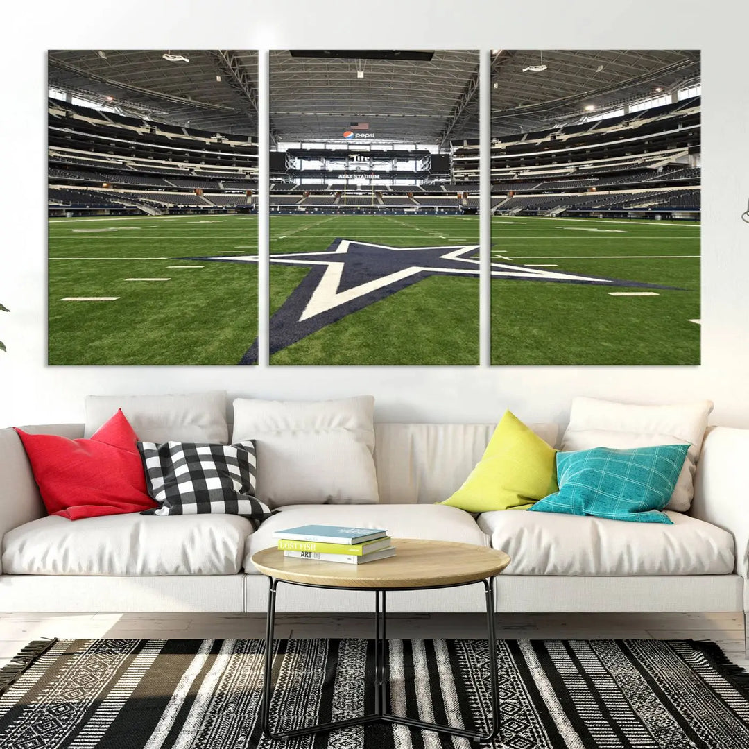 The Dallas Cowboys Football Team Print - Arlington AT&T Stadium Wall Art Canvas Print is displayed on premium canvas, adding a stylish touch to the living room.