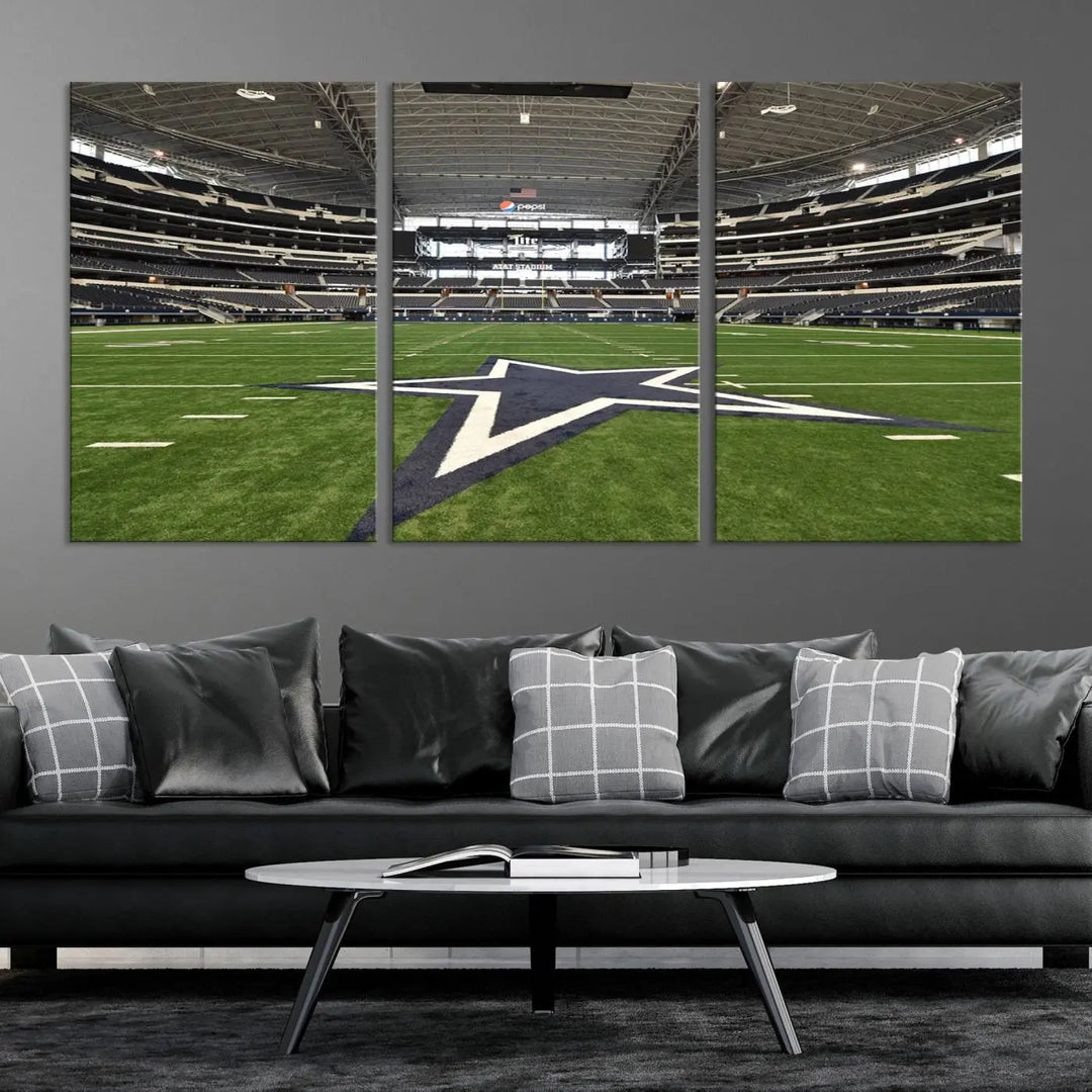 The Dallas Cowboys Football Team Print - Arlington AT&T Stadium Wall Art Canvas Print is displayed on premium canvas, adding a stylish touch to the living room.