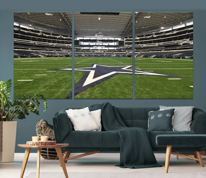 The Dallas Cowboys Football Team Print - Arlington AT&T Stadium Wall Art Canvas Print is displayed on premium canvas, adding a stylish touch to the living room.