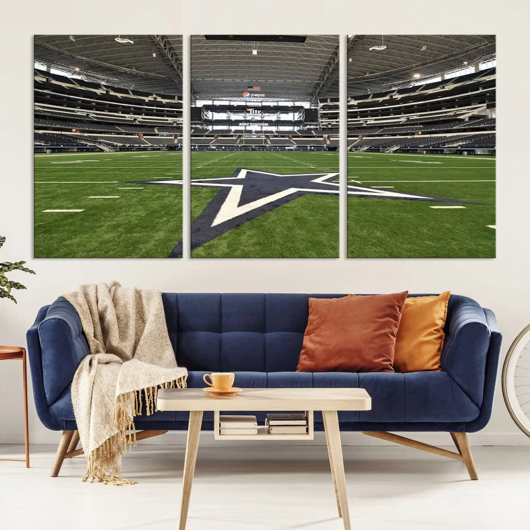 The Dallas Cowboys Football Team Print - Arlington AT&T Stadium Wall Art Canvas Print is displayed on premium canvas, adding a stylish touch to the living room.