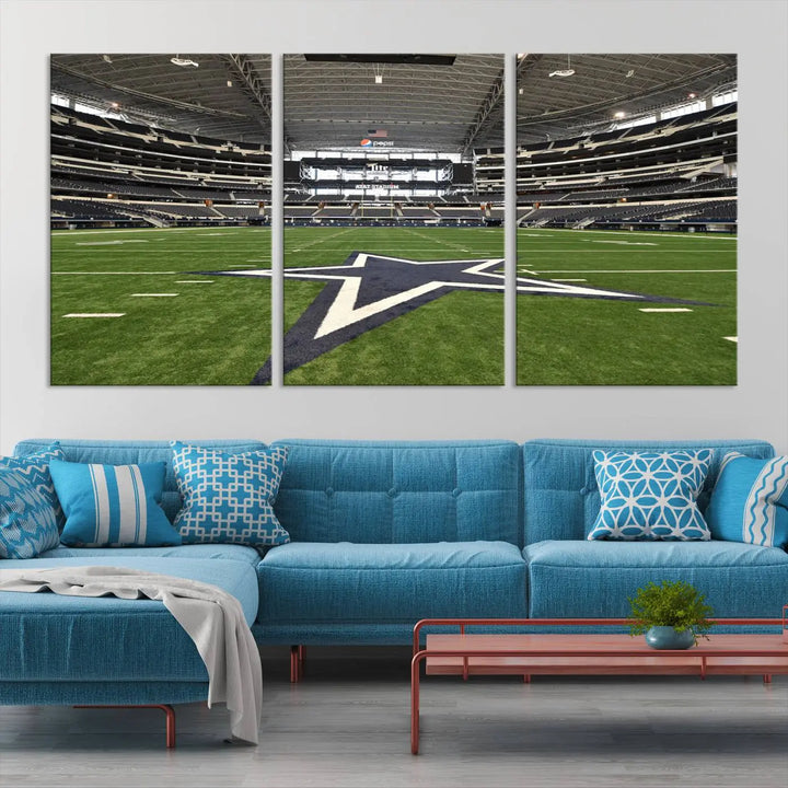 The Dallas Cowboys Football Team Print - Arlington AT&T Stadium Wall Art Canvas Print is displayed on premium canvas, adding a stylish touch to the living room.