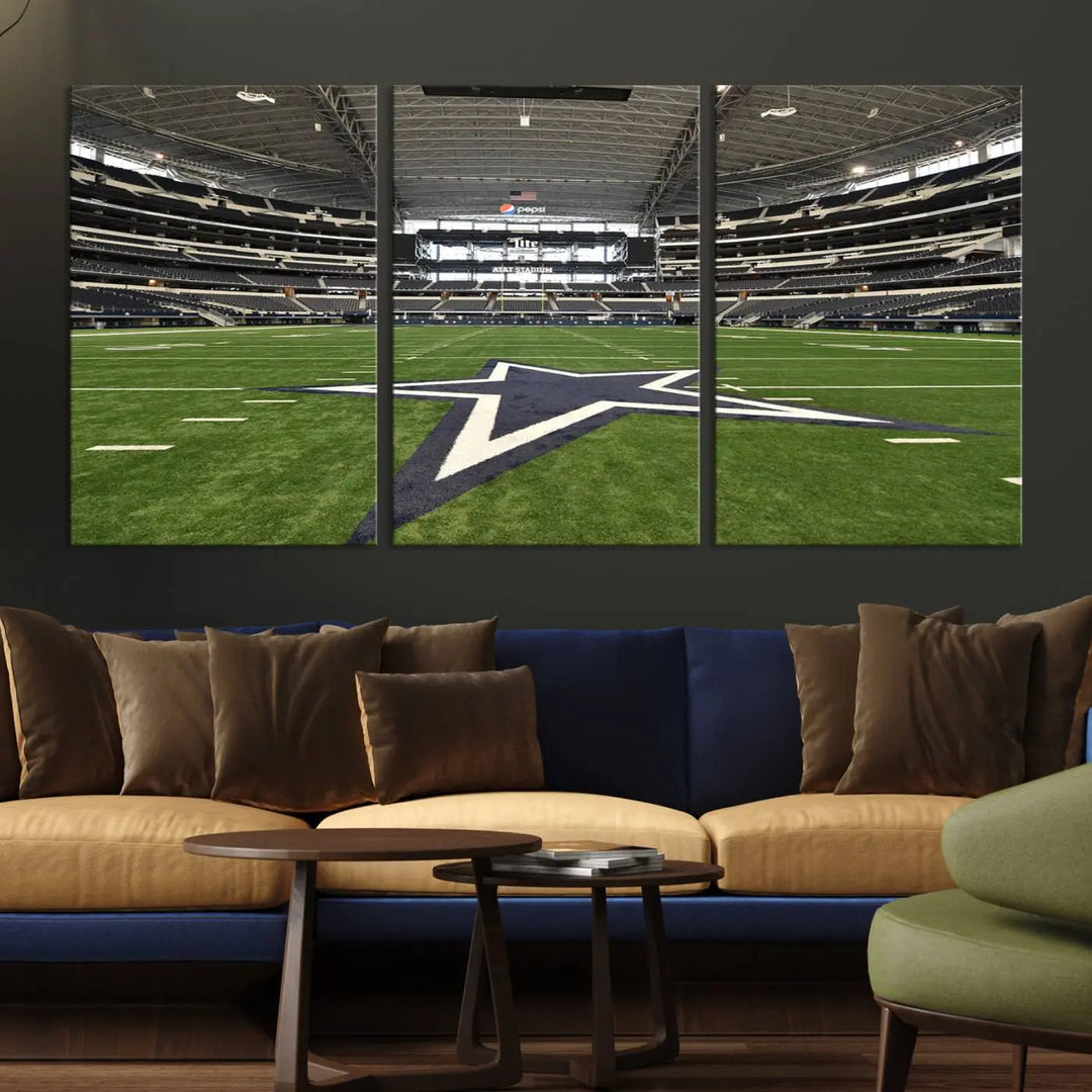 The Dallas Cowboys Football Team Print - Arlington AT&T Stadium Wall Art Canvas Print is displayed on premium canvas, adding a stylish touch to the living room.