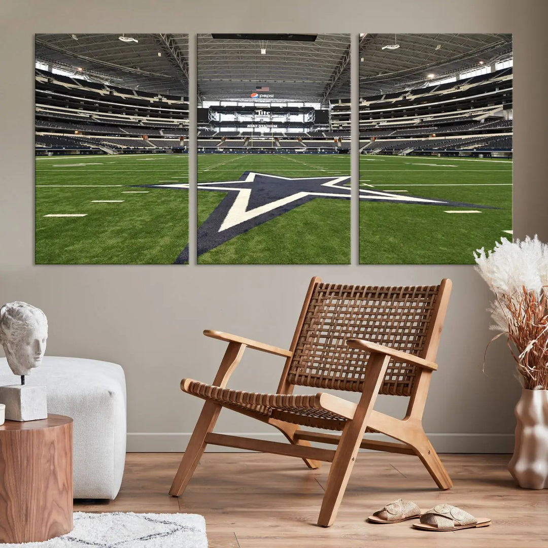 The Dallas Cowboys Football Team Print - Arlington AT&T Stadium Wall Art Canvas Print is displayed on premium canvas, adding a stylish touch to the living room.