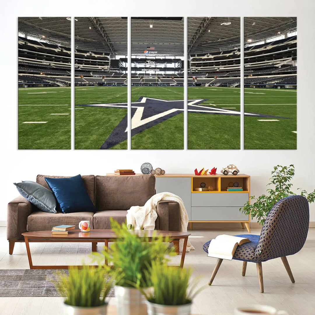 The Dallas Cowboys Football Team Print - Arlington AT&T Stadium Wall Art Canvas Print is displayed on premium canvas, adding a stylish touch to the living room.