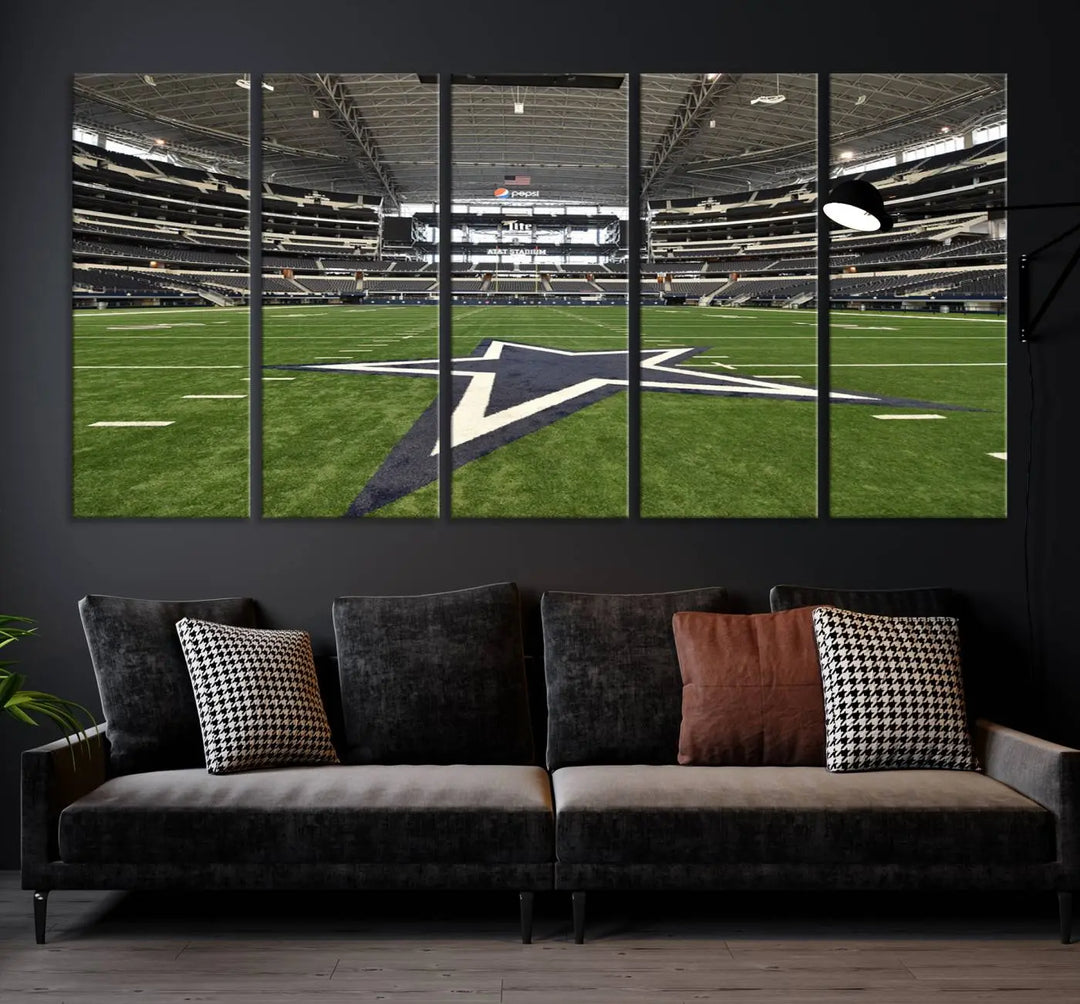 The Dallas Cowboys Football Team Print - Arlington AT&T Stadium Wall Art Canvas Print is displayed on premium canvas, adding a stylish touch to the living room.