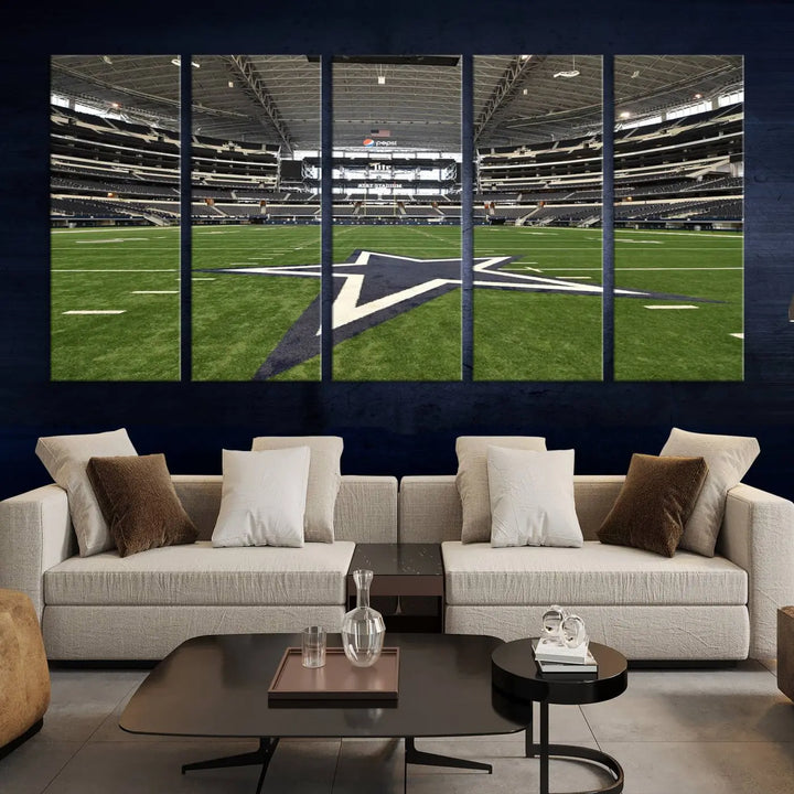 The Dallas Cowboys Football Team Print - Arlington AT&T Stadium Wall Art Canvas Print is displayed on premium canvas, adding a stylish touch to the living room.