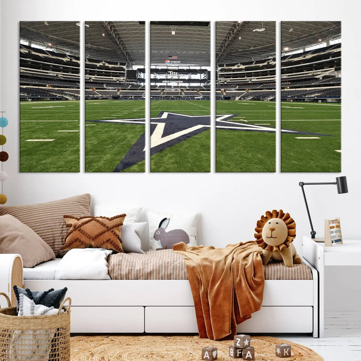 The Dallas Cowboys Football Team Print - Arlington AT&T Stadium Wall Art Canvas Print is displayed on premium canvas, adding a stylish touch to the living room.