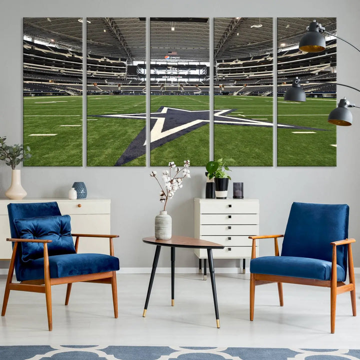 The Dallas Cowboys Football Team Print - Arlington AT&T Stadium Wall Art Canvas Print is displayed on premium canvas, adding a stylish touch to the living room.