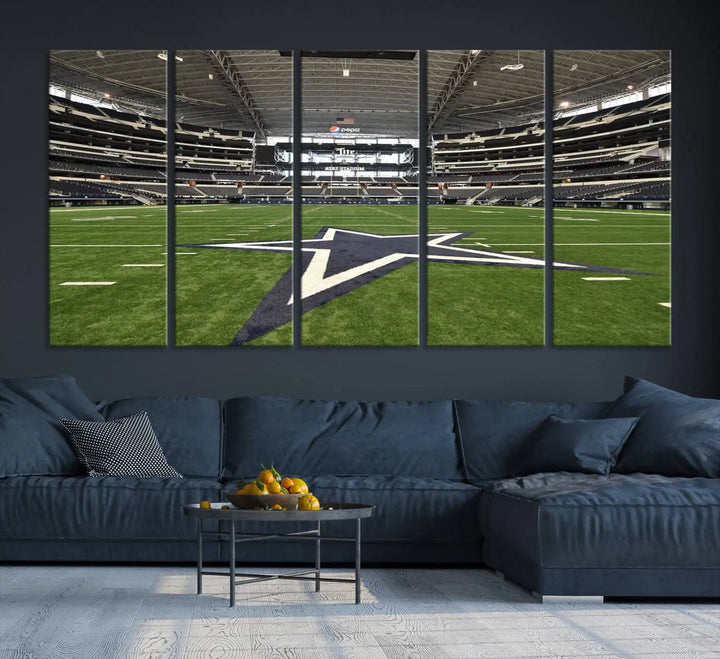 The Dallas Cowboys Football Team Print - Arlington AT&T Stadium Wall Art Canvas Print is displayed on premium canvas, adding a stylish touch to the living room.