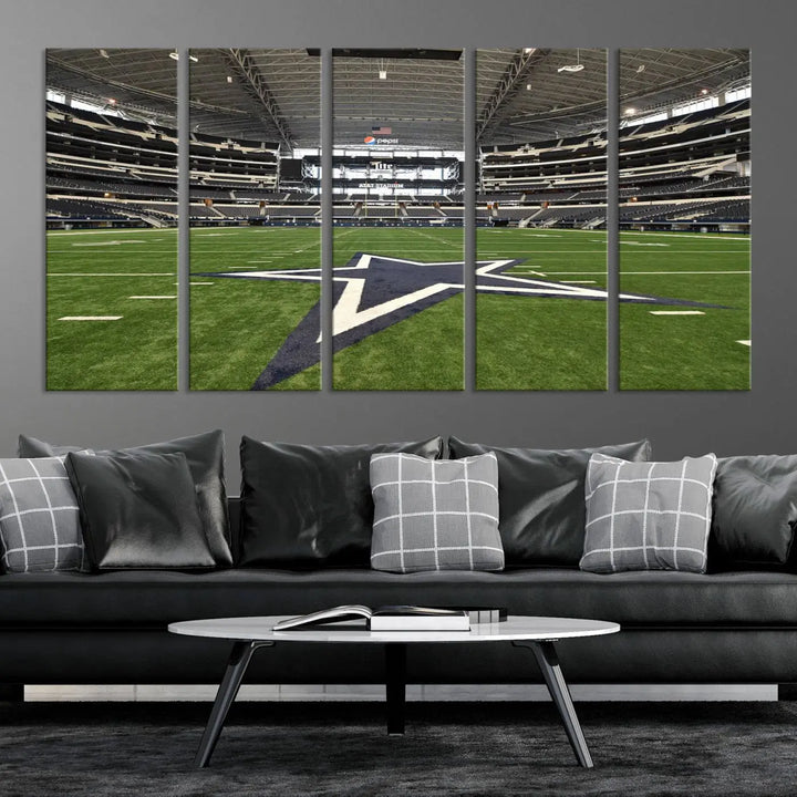 The Dallas Cowboys Football Team Print - Arlington AT&T Stadium Wall Art Canvas Print is displayed on premium canvas, adding a stylish touch to the living room.