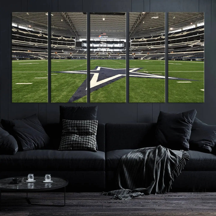 The Dallas Cowboys Football Team Print - Arlington AT&T Stadium Wall Art Canvas Print is displayed on premium canvas, adding a stylish touch to the living room.