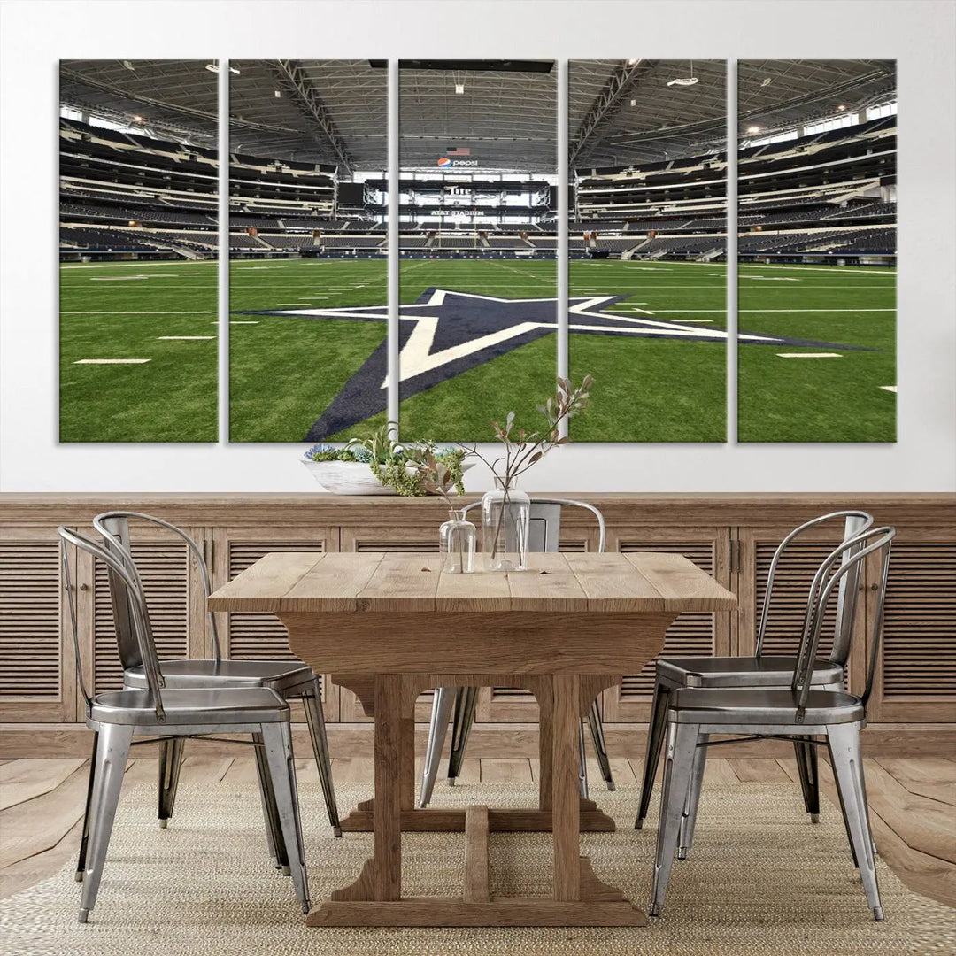 The Dallas Cowboys Football Team Print - Arlington AT&T Stadium Wall Art Canvas Print is displayed on premium canvas, adding a stylish touch to the living room.