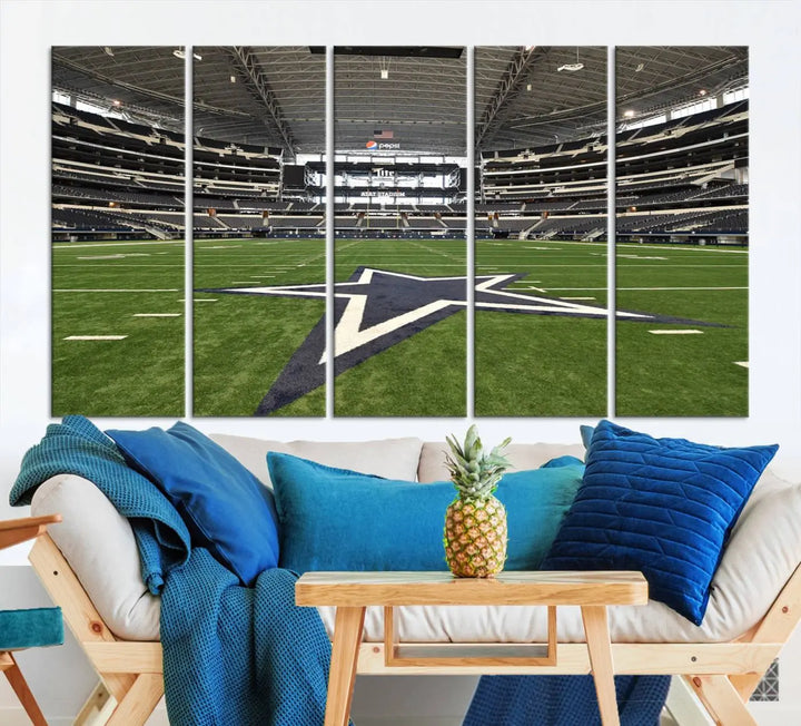 The Dallas Cowboys Football Team Print - Arlington AT&T Stadium Wall Art Canvas Print is displayed on premium canvas, adding a stylish touch to the living room.