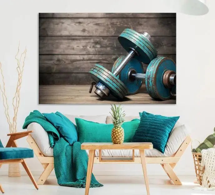 Adorn your walls with the Dambell and Sport Wall Art Canvas Print, showcasing teal dumbbells against rustic wooden panels for a touch of museum-quality elegance.