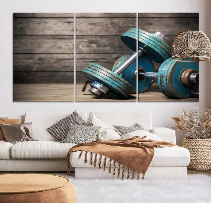 Adorn your walls with the Dambell and Sport Wall Art Canvas Print, showcasing teal dumbbells against rustic wooden panels for a touch of museum-quality elegance.