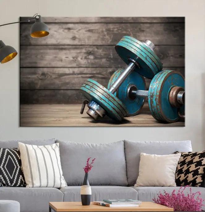 Adorn your walls with the Dambell and Sport Wall Art Canvas Print, showcasing teal dumbbells against rustic wooden panels for a touch of museum-quality elegance.