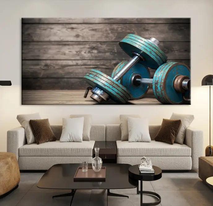 Adorn your walls with the Dambell and Sport Wall Art Canvas Print, showcasing teal dumbbells against rustic wooden panels for a touch of museum-quality elegance.