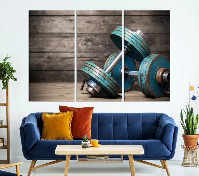 Adorn your walls with the Dambell and Sport Wall Art Canvas Print, showcasing teal dumbbells against rustic wooden panels for a touch of museum-quality elegance.