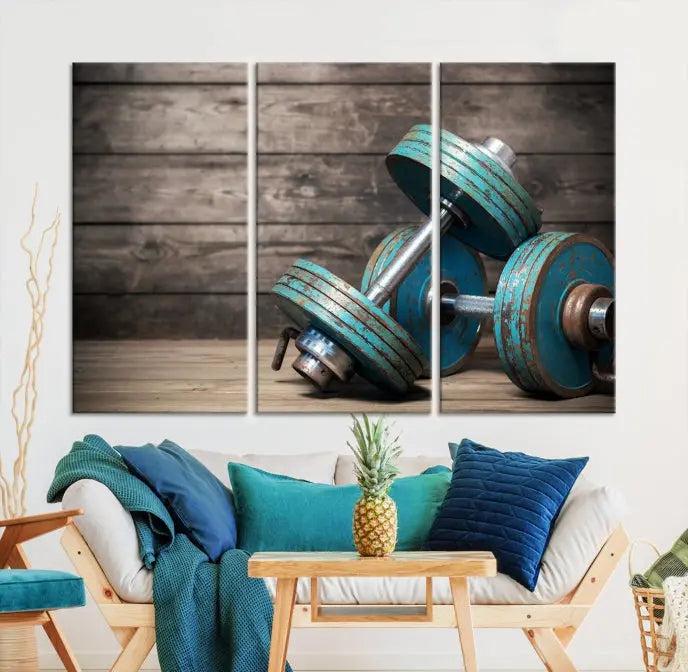 Adorn your walls with the Dambell and Sport Wall Art Canvas Print, showcasing teal dumbbells against rustic wooden panels for a touch of museum-quality elegance.