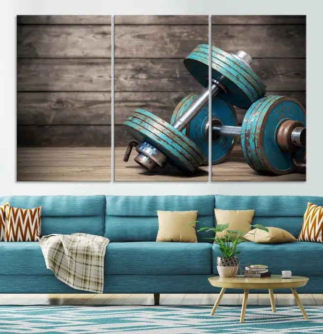 Adorn your walls with the Dambell and Sport Wall Art Canvas Print, showcasing teal dumbbells against rustic wooden panels for a touch of museum-quality elegance.