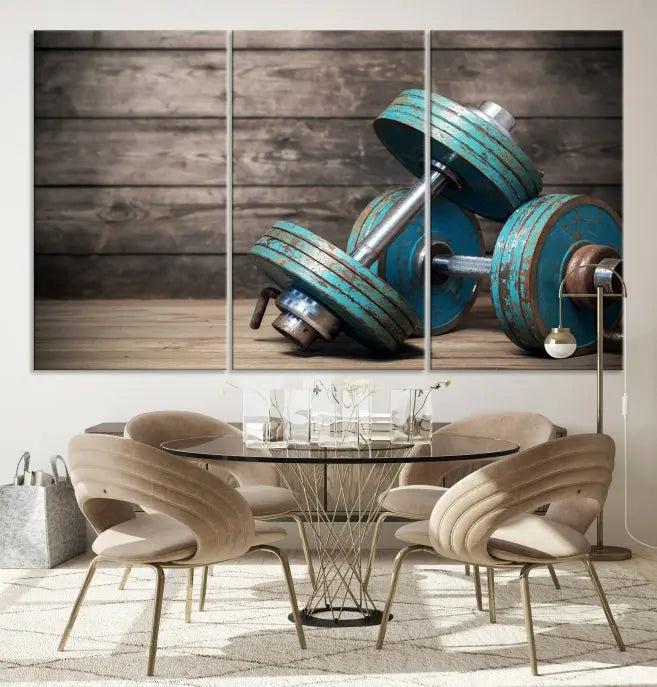 Adorn your walls with the Dambell and Sport Wall Art Canvas Print, showcasing teal dumbbells against rustic wooden panels for a touch of museum-quality elegance.