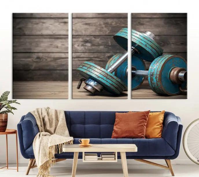 Adorn your walls with the Dambell and Sport Wall Art Canvas Print, showcasing teal dumbbells against rustic wooden panels for a touch of museum-quality elegance.