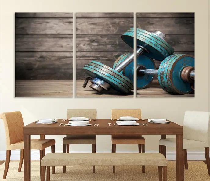 Adorn your walls with the Dambell and Sport Wall Art Canvas Print, showcasing teal dumbbells against rustic wooden panels for a touch of museum-quality elegance.