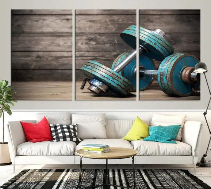 Adorn your walls with the Dambell and Sport Wall Art Canvas Print, showcasing teal dumbbells against rustic wooden panels for a touch of museum-quality elegance.