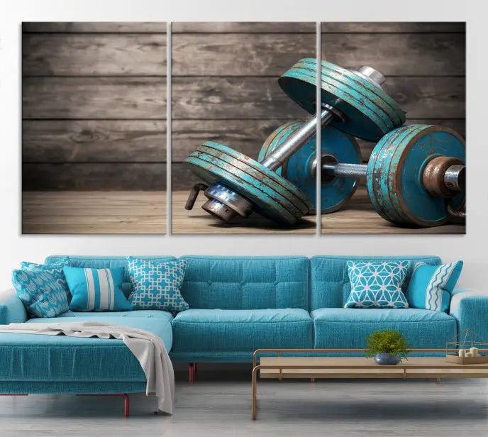 Adorn your walls with the Dambell and Sport Wall Art Canvas Print, showcasing teal dumbbells against rustic wooden panels for a touch of museum-quality elegance.