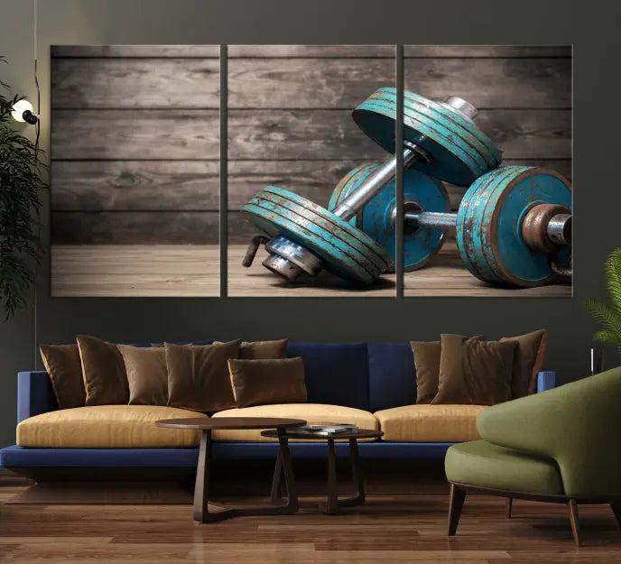 Adorn your walls with the Dambell and Sport Wall Art Canvas Print, showcasing teal dumbbells against rustic wooden panels for a touch of museum-quality elegance.