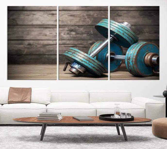 Adorn your walls with the Dambell and Sport Wall Art Canvas Print, showcasing teal dumbbells against rustic wooden panels for a touch of museum-quality elegance.