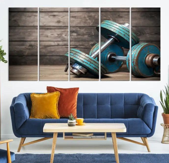 Adorn your walls with the Dambell and Sport Wall Art Canvas Print, showcasing teal dumbbells against rustic wooden panels for a touch of museum-quality elegance.