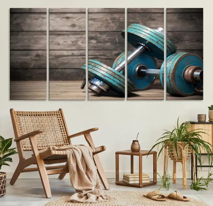 Adorn your walls with the Dambell and Sport Wall Art Canvas Print, showcasing teal dumbbells against rustic wooden panels for a touch of museum-quality elegance.