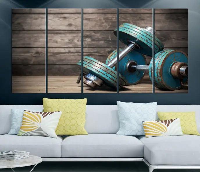 Adorn your walls with the Dambell and Sport Wall Art Canvas Print, showcasing teal dumbbells against rustic wooden panels for a touch of museum-quality elegance.