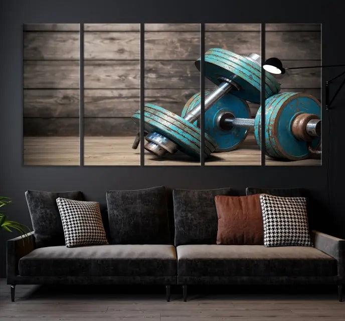 Adorn your walls with the Dambell and Sport Wall Art Canvas Print, showcasing teal dumbbells against rustic wooden panels for a touch of museum-quality elegance.